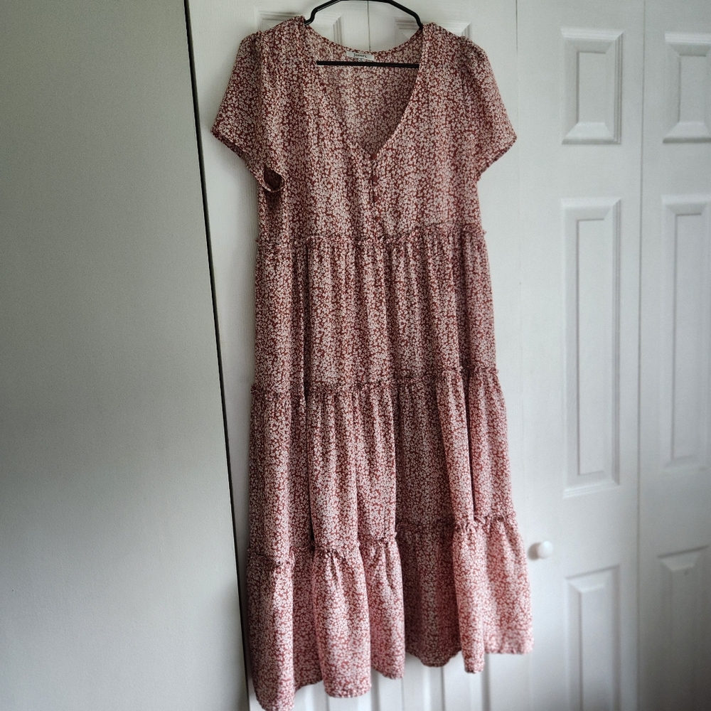 Jodilf womens small flattering dress floral pattern short-sleeved rust color
